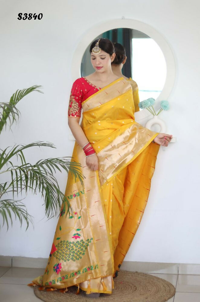 Yellow Woven Jacquard Designer Embroidery Work Party Wear Saree - Parampara | Grocsy