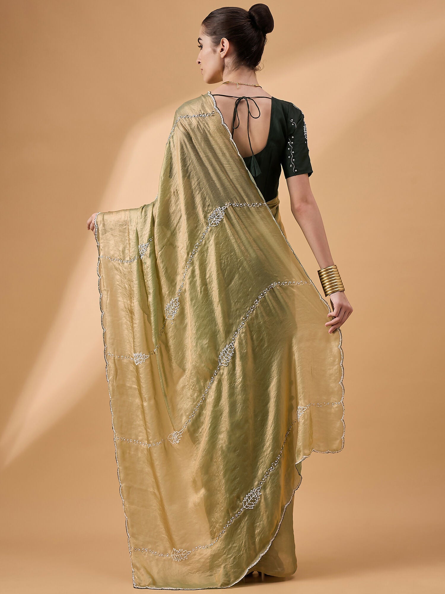Green Muslin Embroidered Saree with Unstitched Blouse Piece - Satya | Grocsy