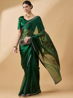 Green Organza Swaroski Diamond Work Saree with Unstitched Blouse - Radha | Grocsy