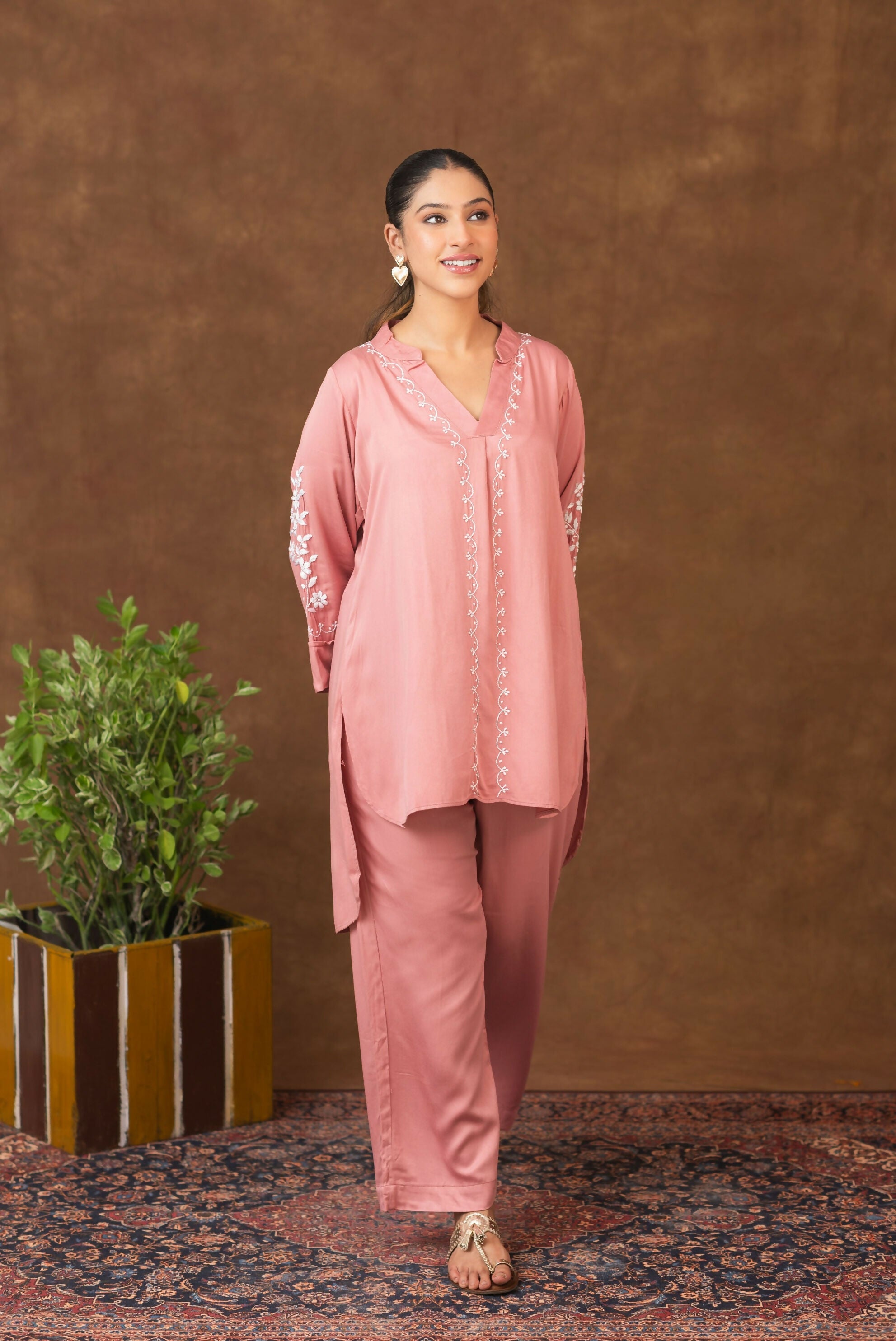 Gharana India Jashn Premium Women's Chikankari Embroidered Twilight Silk Co-ord Set - Onion Pink | Grocsy