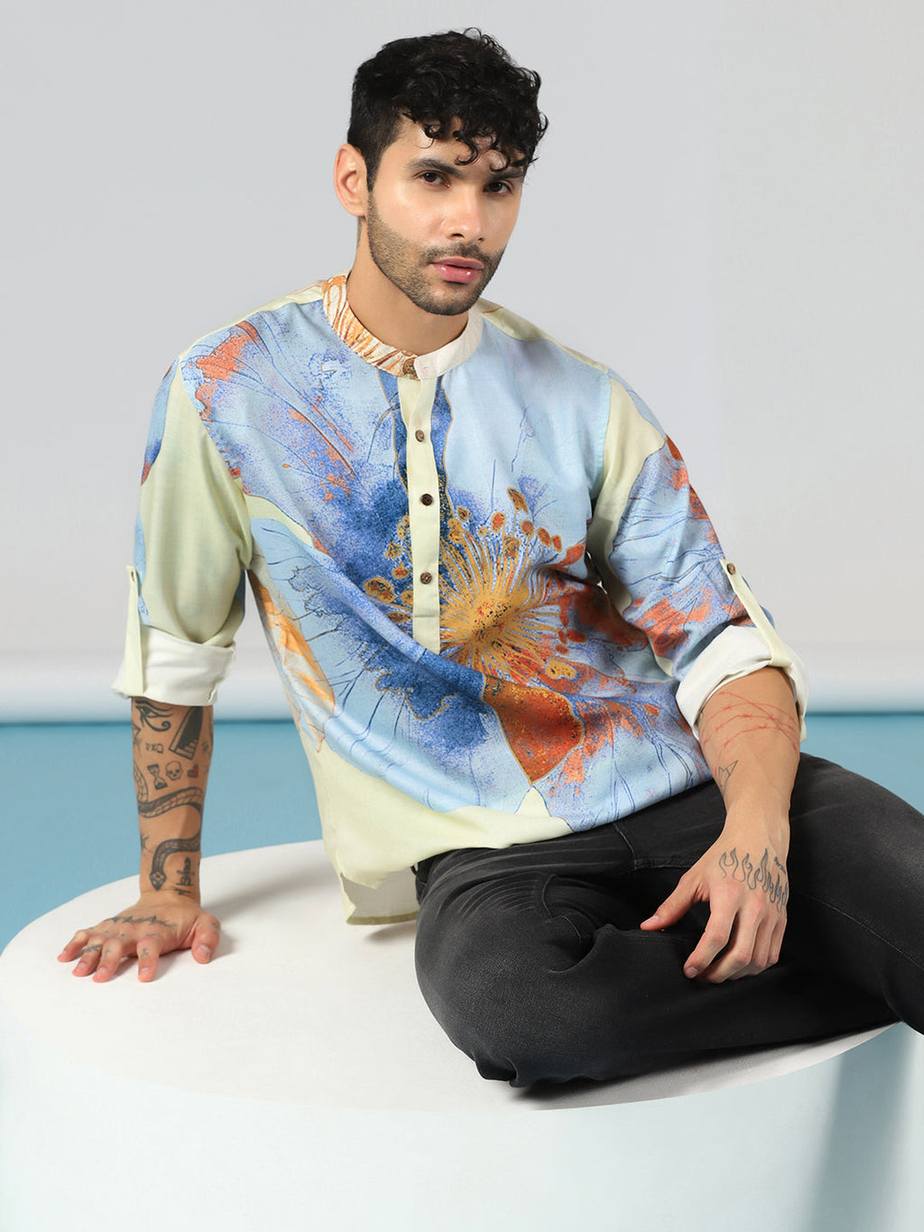 Zavaya Cream Floral Rayon Short Kurta for Men | Grocsy