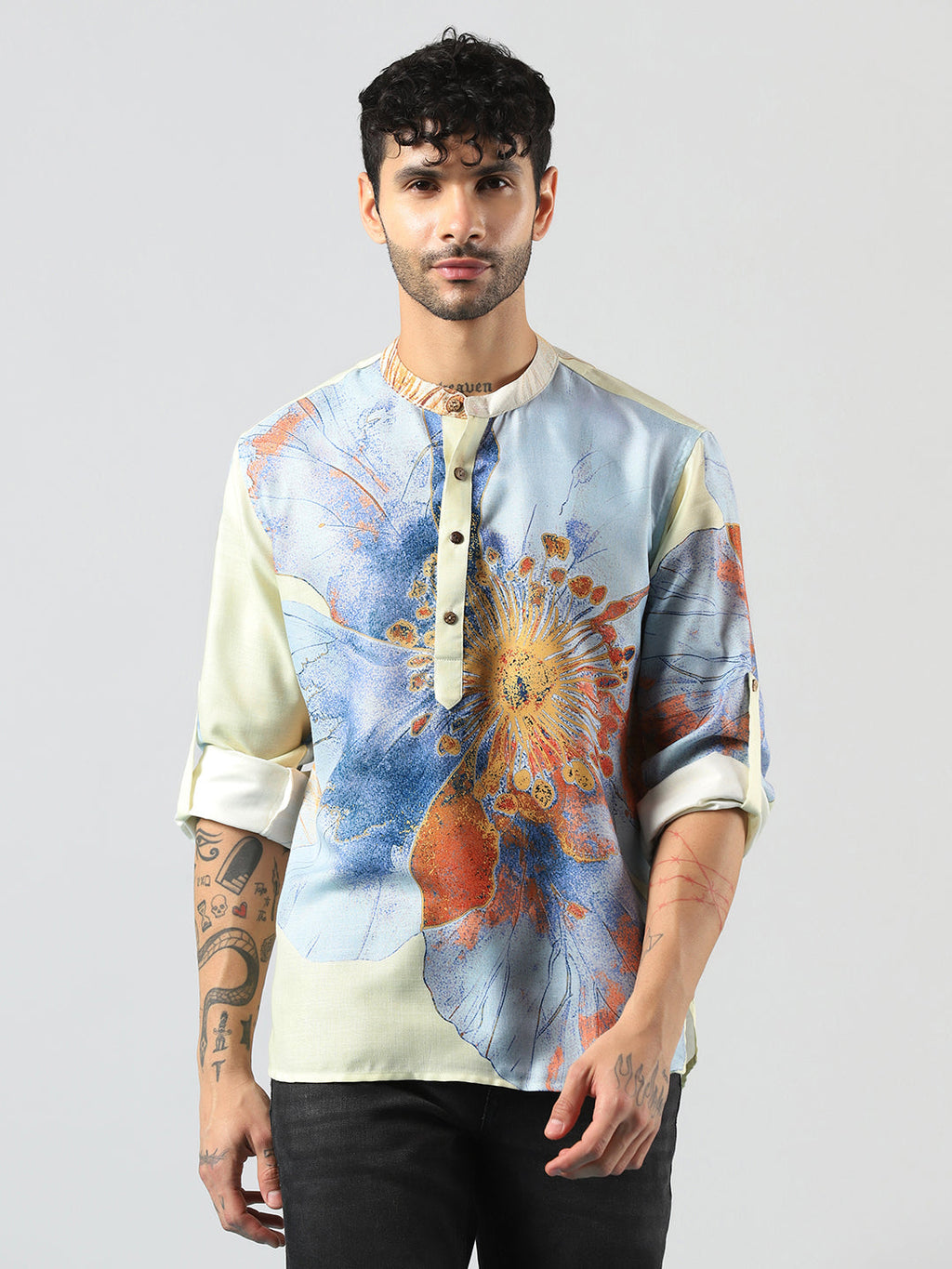 Zavaya Cream Floral Rayon Short Kurta for Men | Grocsy