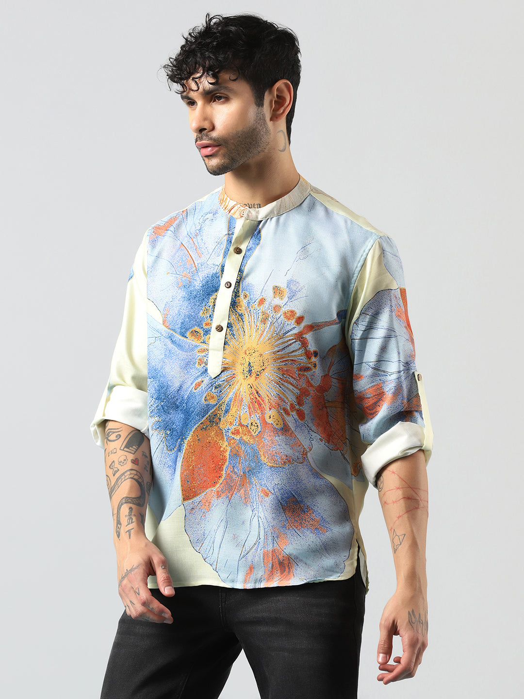 Zavaya Cream Floral Rayon Short Kurta for Men | Grocsy