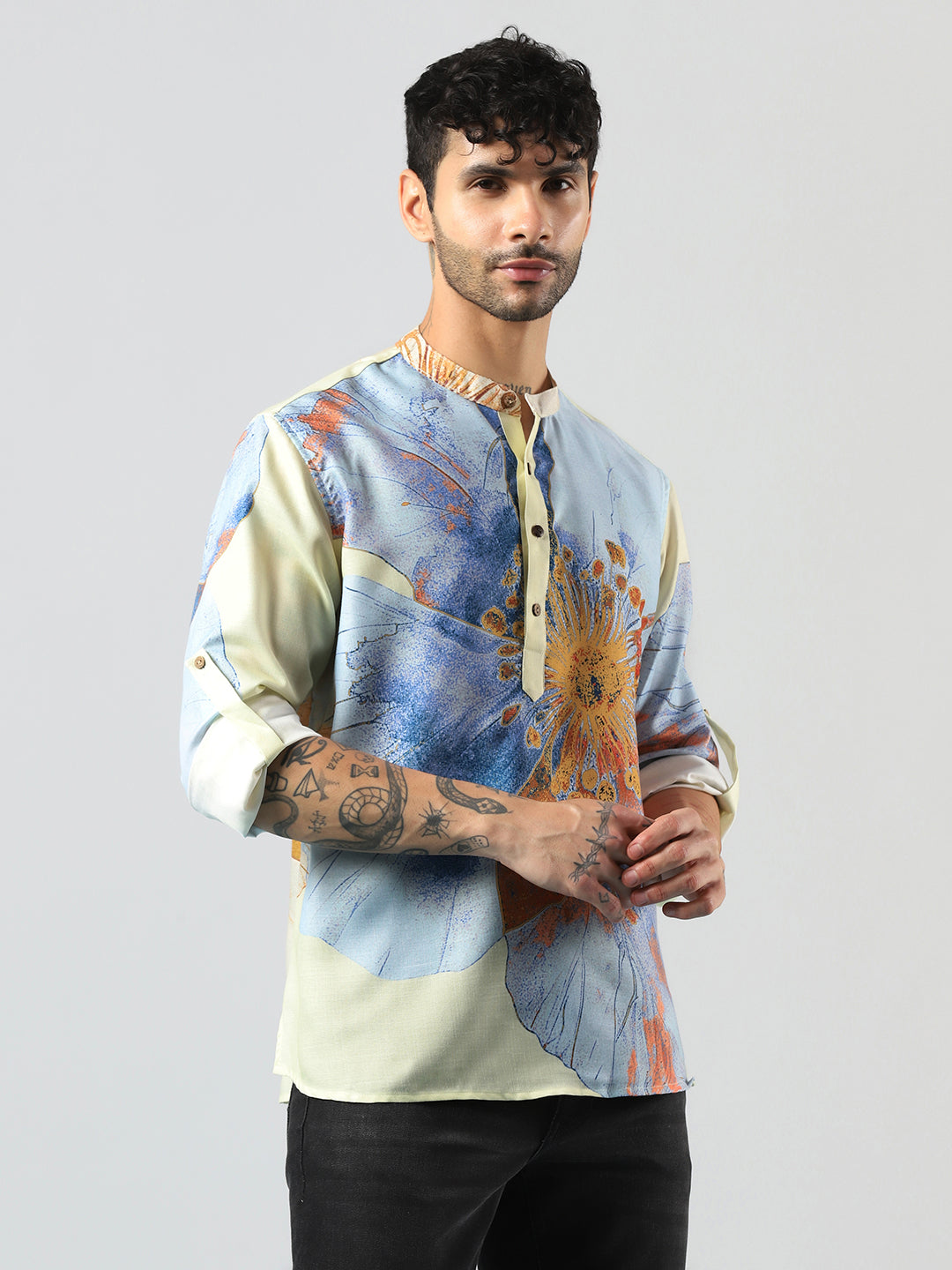 Zavaya Cream Floral Rayon Short Kurta for Men | Grocsy