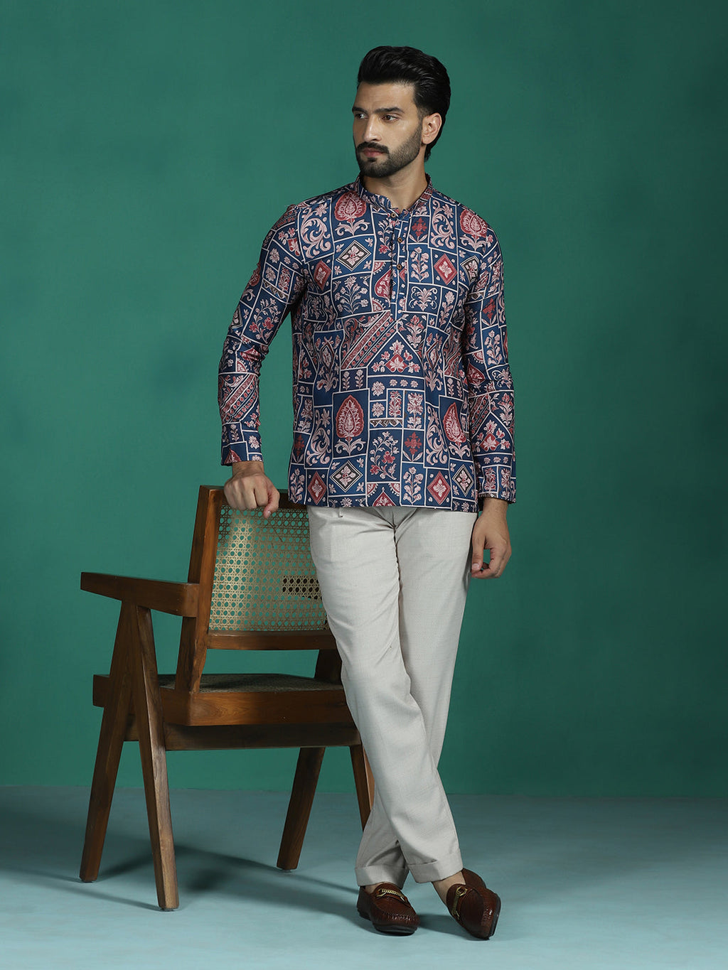 Zavaya Multicolor Ornamental Print Rayon Short Kurta for Men | Grocsy