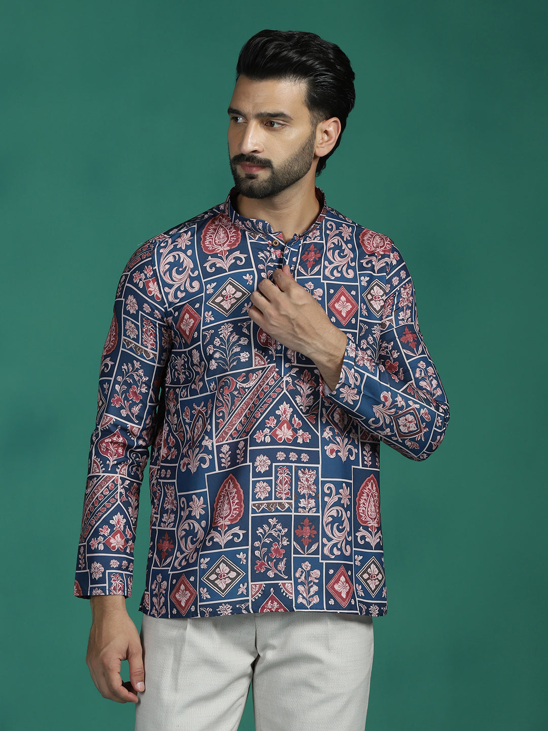 Zavaya Multicolor Ornamental Print Rayon Short Kurta for Men | Grocsy