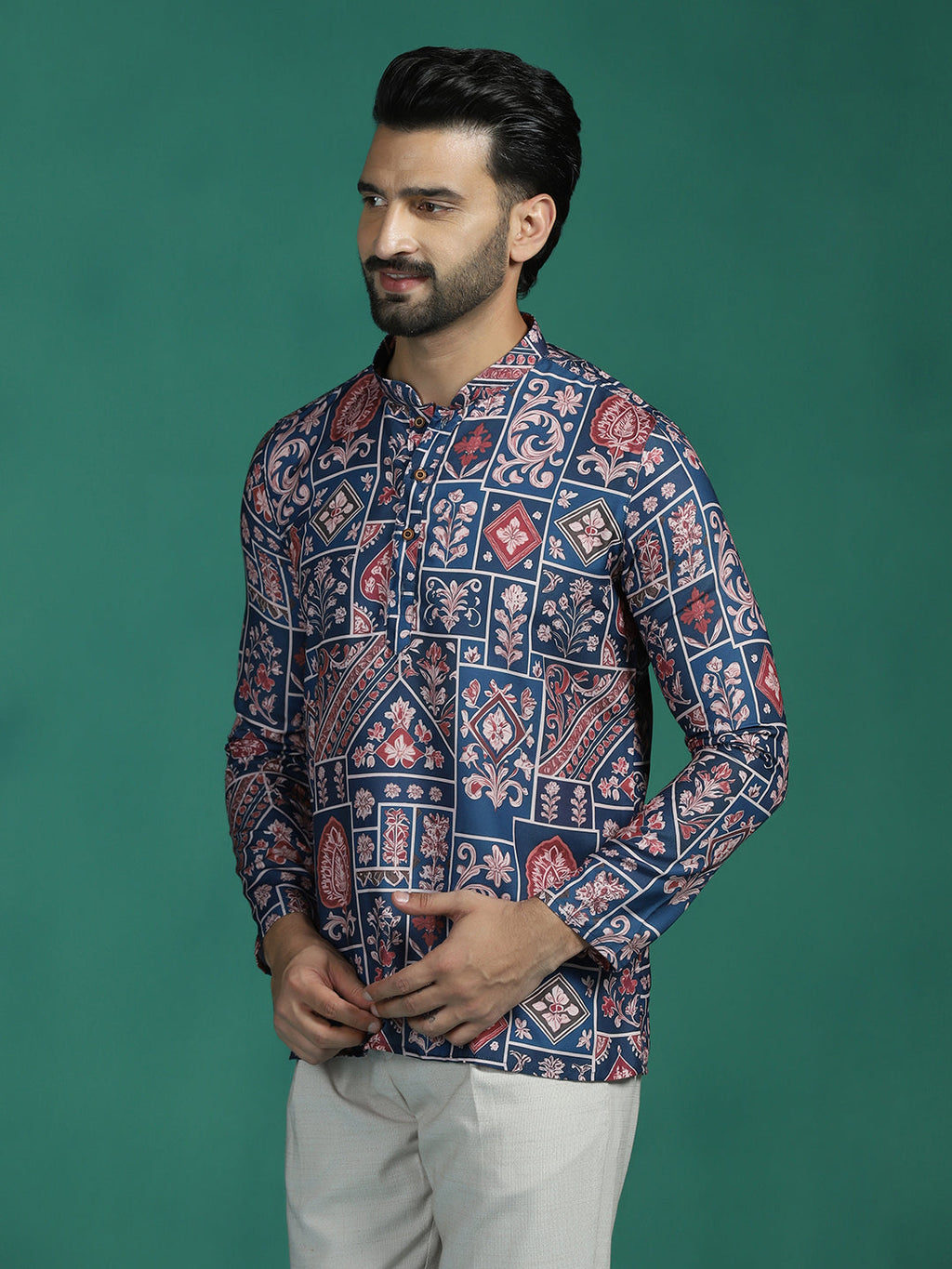 Zavaya Multicolor Ornamental Print Rayon Short Kurta for Men | Grocsy