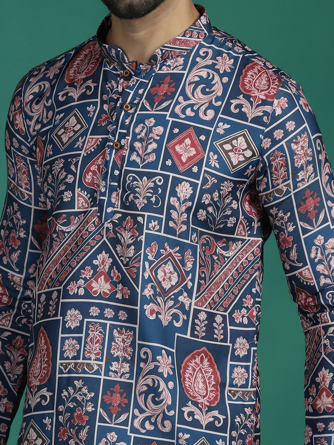 Zavaya Multicolor Ornamental Print Rayon Short Kurta for Men | Grocsy