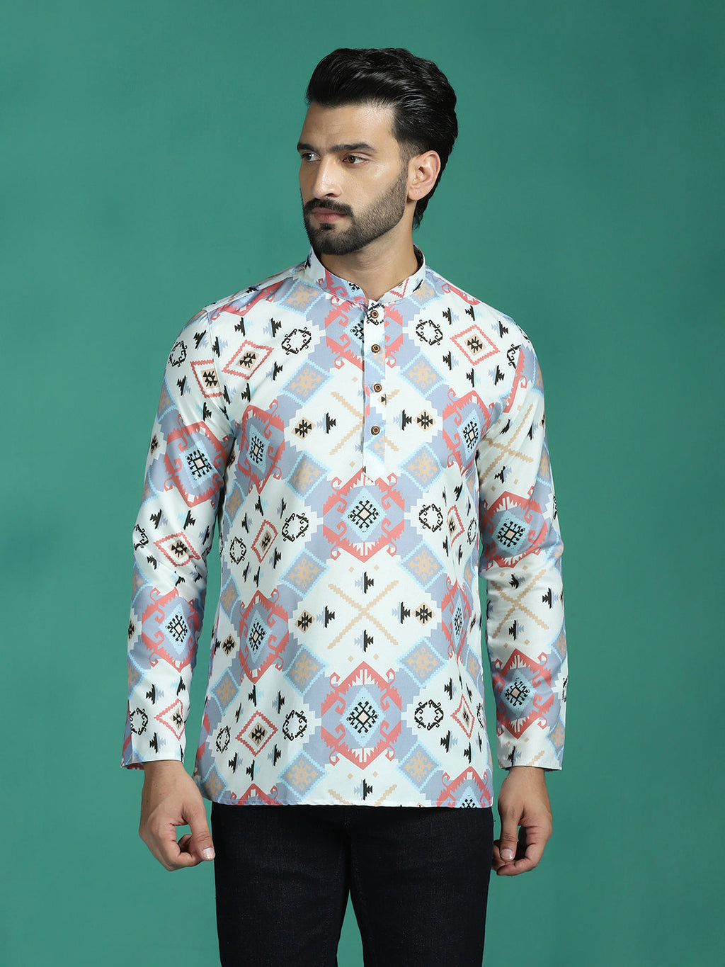 Zavaya White Ethnic Motifs Rayon Short Kurta for Men | Grocsy