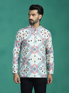 Zavaya White Ethnic Motifs Rayon Short Kurta for Men | Grocsy