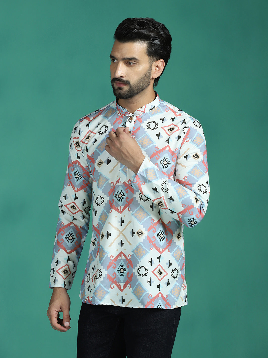 Zavaya White Ethnic Motifs Rayon Short Kurta for Men | Grocsy