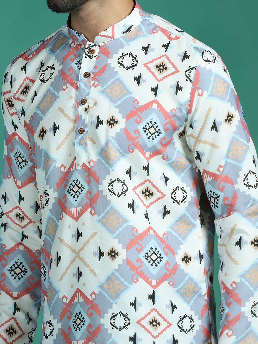 Zavaya White Ethnic Motifs Rayon Short Kurta for Men | Grocsy