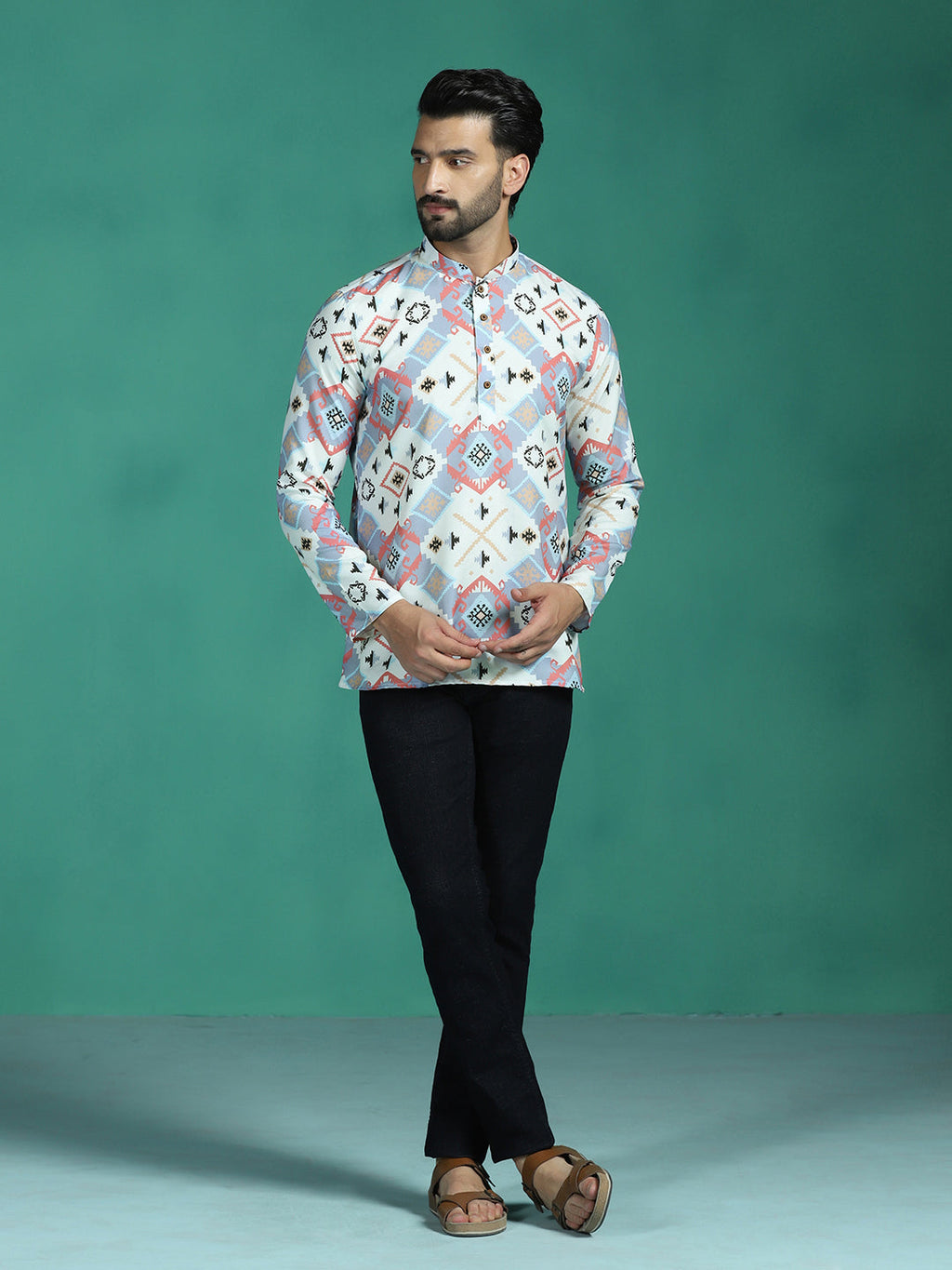 Zavaya White Ethnic Motifs Rayon Short Kurta for Men | Grocsy