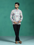 Zavaya White Ethnic Motifs Rayon Short Kurta for Men | Grocsy