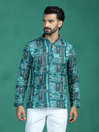 Zavaya Green Geometric Ethnic Print Rayon Short Kurta for Men | Grocsy
