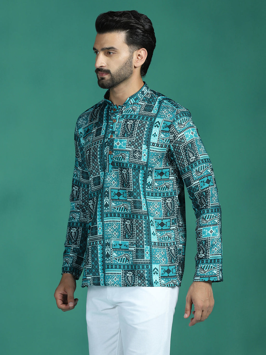 Zavaya Green Geometric Ethnic Print Rayon Short Kurta for Men | Grocsy