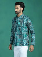 Zavaya Green Geometric Ethnic Print Rayon Short Kurta for Men | Grocsy