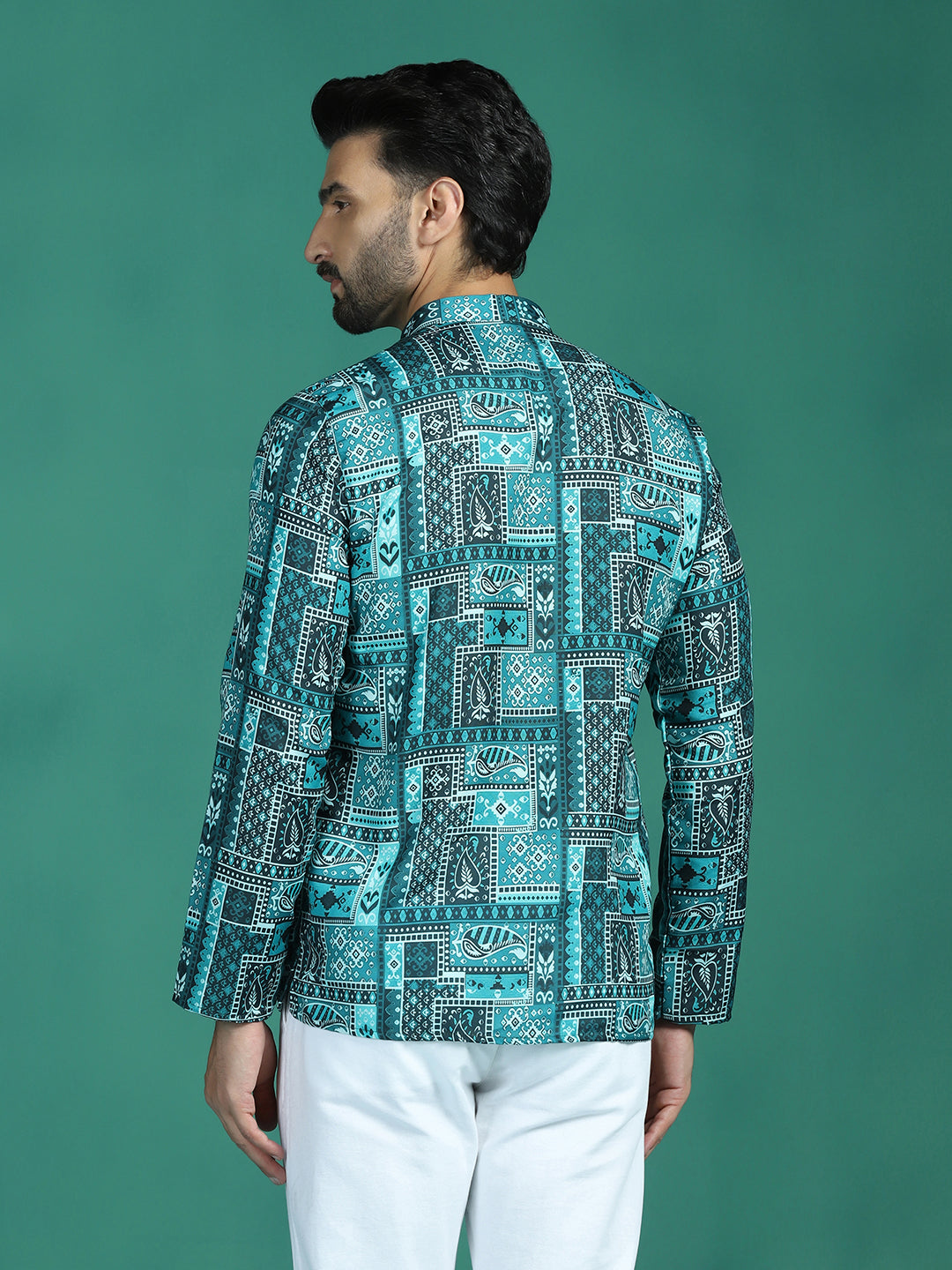 Zavaya Green Geometric Ethnic Print Rayon Short Kurta for Men | Grocsy