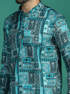 Zavaya Green Geometric Ethnic Print Rayon Short Kurta for Men | Grocsy