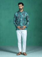 Zavaya Green Geometric Ethnic Print Rayon Short Kurta for Men | Grocsy
