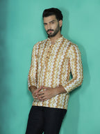 Zavaya Yellow Zigzag Rayon Short Kurta for Men | Grocsy