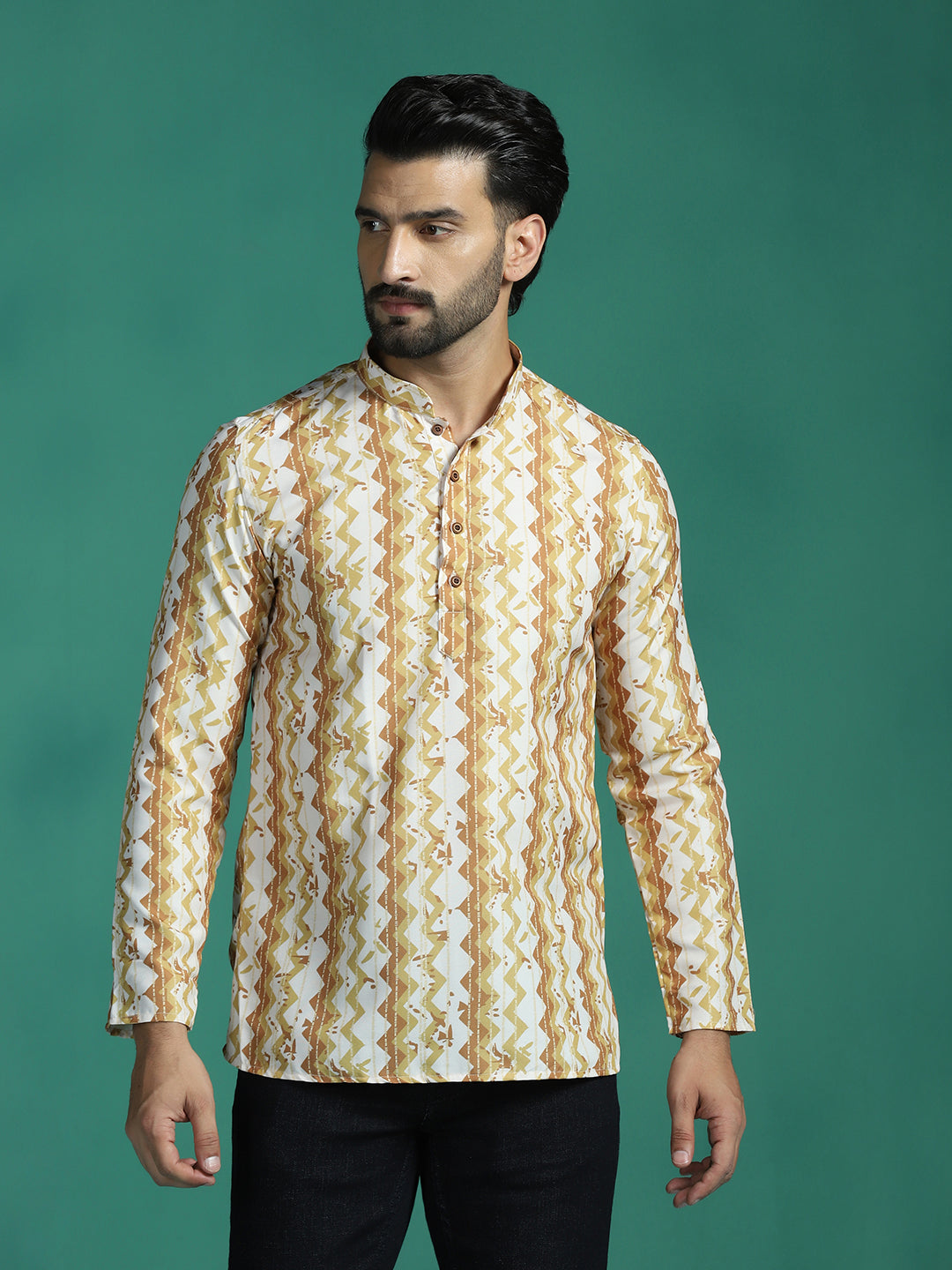 Zavaya Yellow Zigzag Rayon Short Kurta for Men | Grocsy