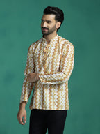 Zavaya Yellow Zigzag Rayon Short Kurta for Men | Grocsy