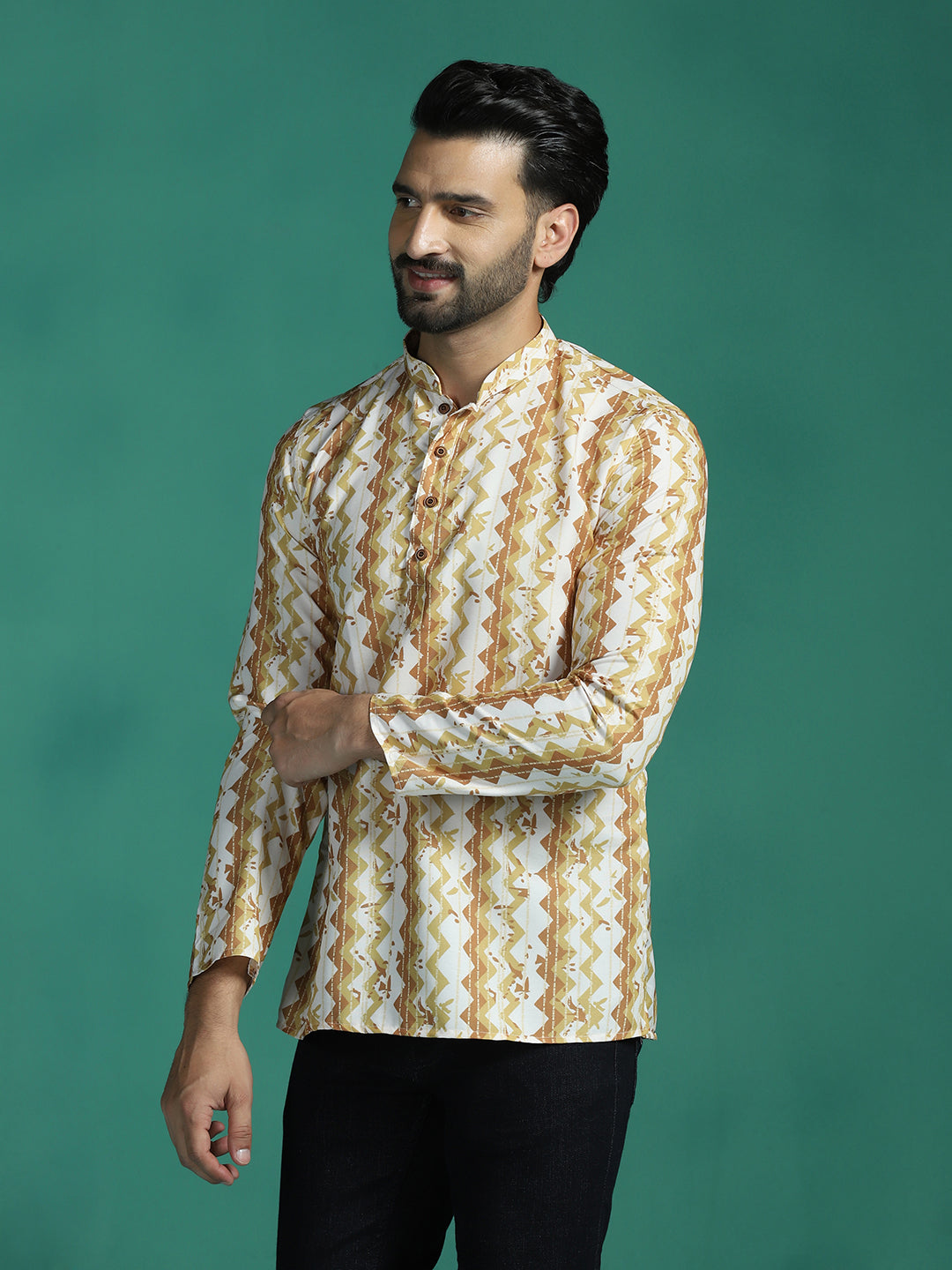 Zavaya Yellow Zigzag Rayon Short Kurta for Men | Grocsy