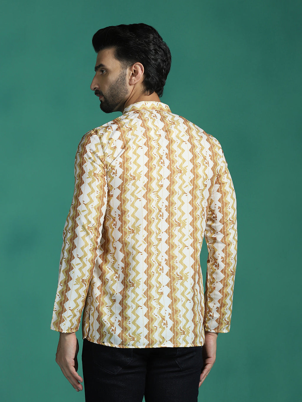 Zavaya Yellow Zigzag Rayon Short Kurta for Men | Grocsy