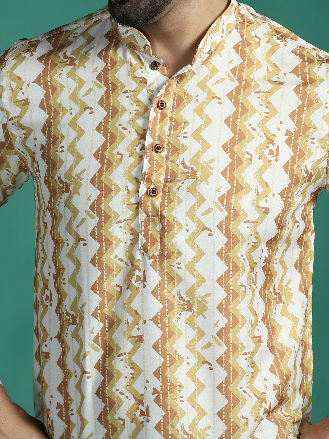 Zavaya Yellow Zigzag Rayon Short Kurta for Men | Grocsy