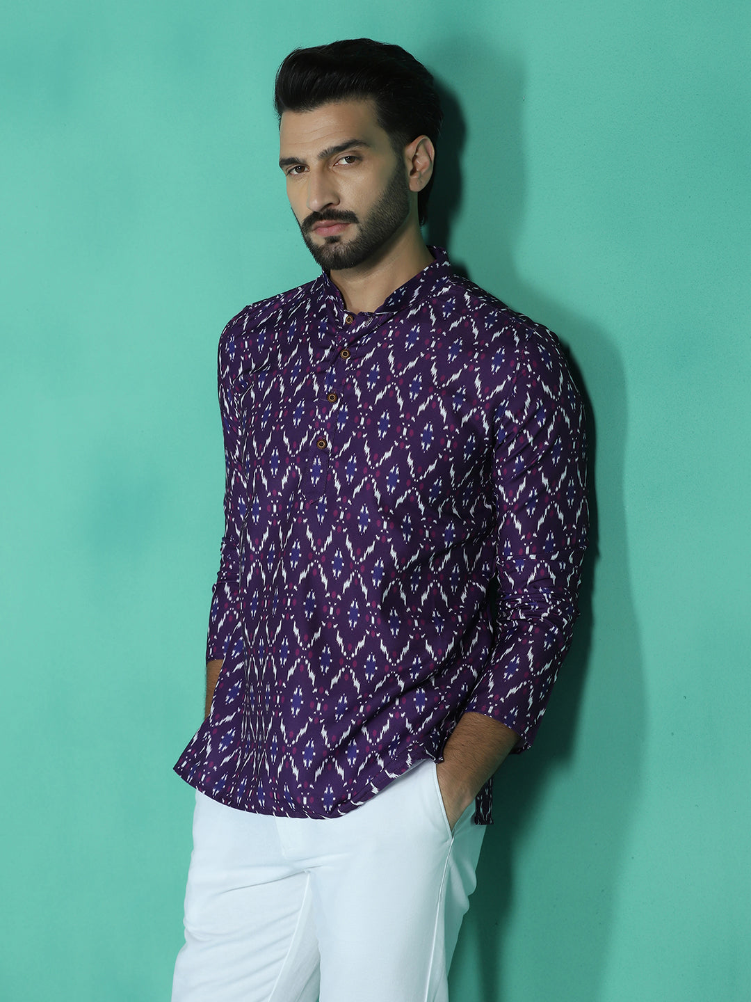 Zavaya Purple Zigzag Rayon Short Kurta for Men | Grocsy
