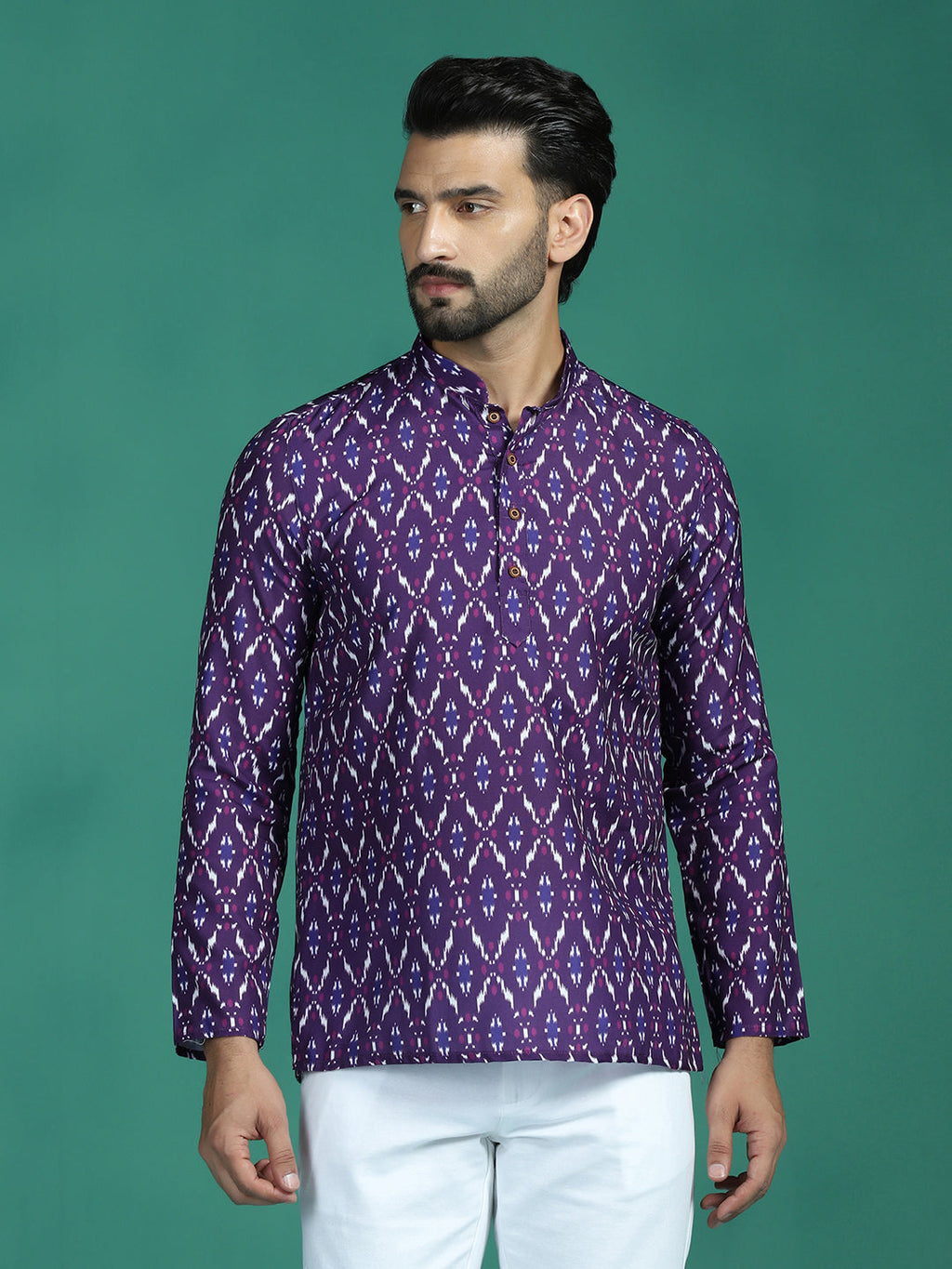 Zavaya Purple Zigzag Rayon Short Kurta for Men | Grocsy