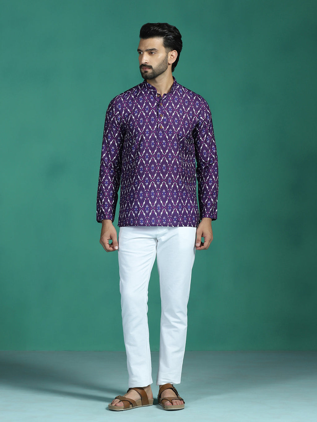 Zavaya Purple Zigzag Rayon Short Kurta for Men | Grocsy