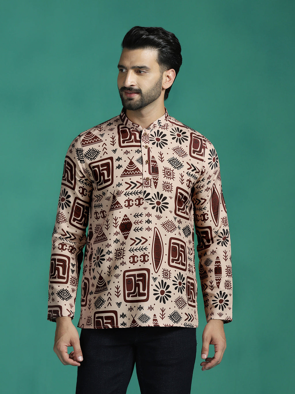 Zavaya Brown Geometric Rayon Short Kurta for Men | Grocsy