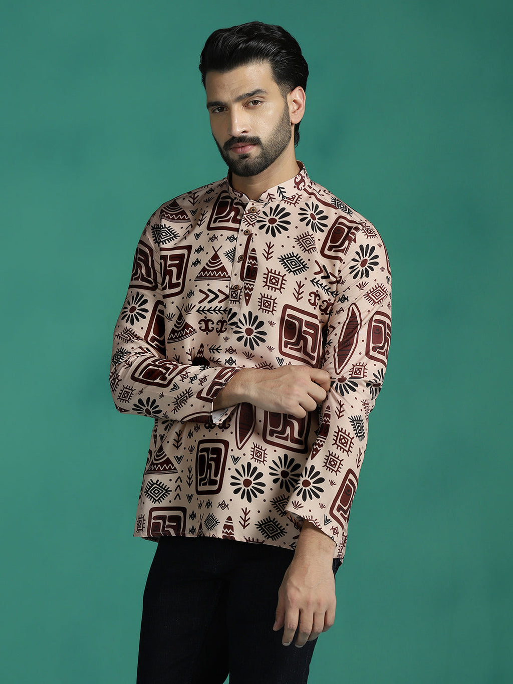 Zavaya Brown Geometric Rayon Short Kurta for Men | Grocsy