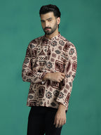 Zavaya Brown Geometric Rayon Short Kurta for Men | Grocsy