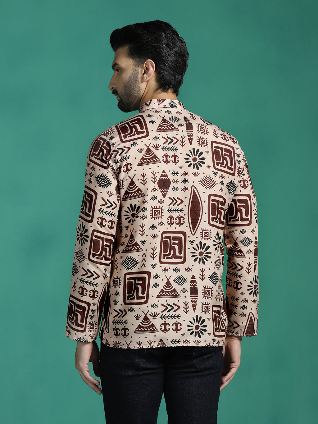 Zavaya Brown Geometric Rayon Short Kurta for Men | Grocsy