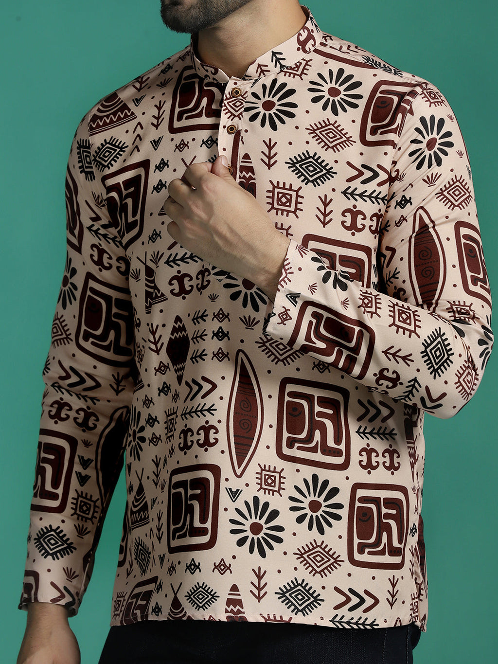 Zavaya Brown Geometric Rayon Short Kurta for Men | Grocsy