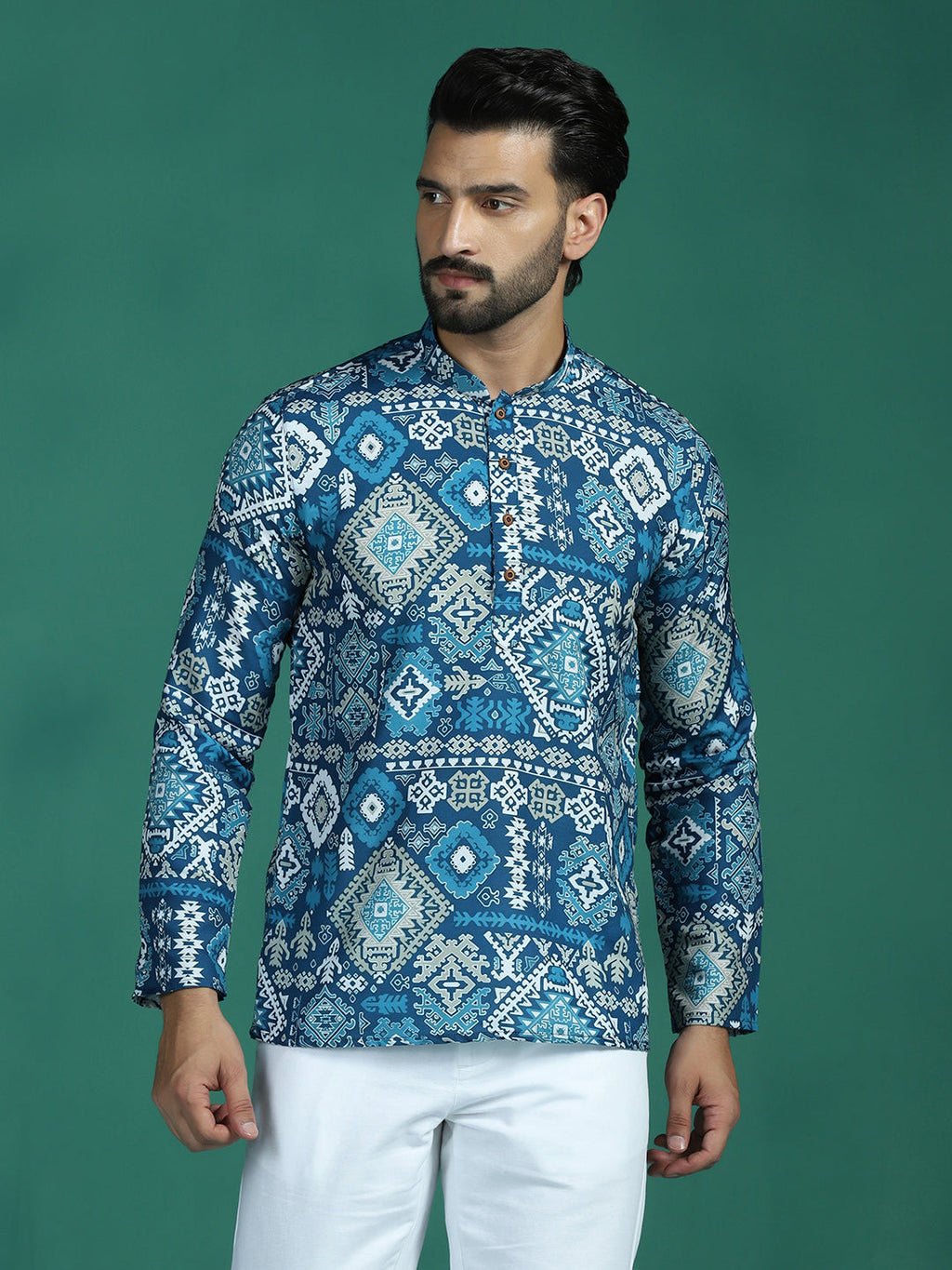 Zavaya Blue Abstract Rayon Short Kurta for Men | Grocsy