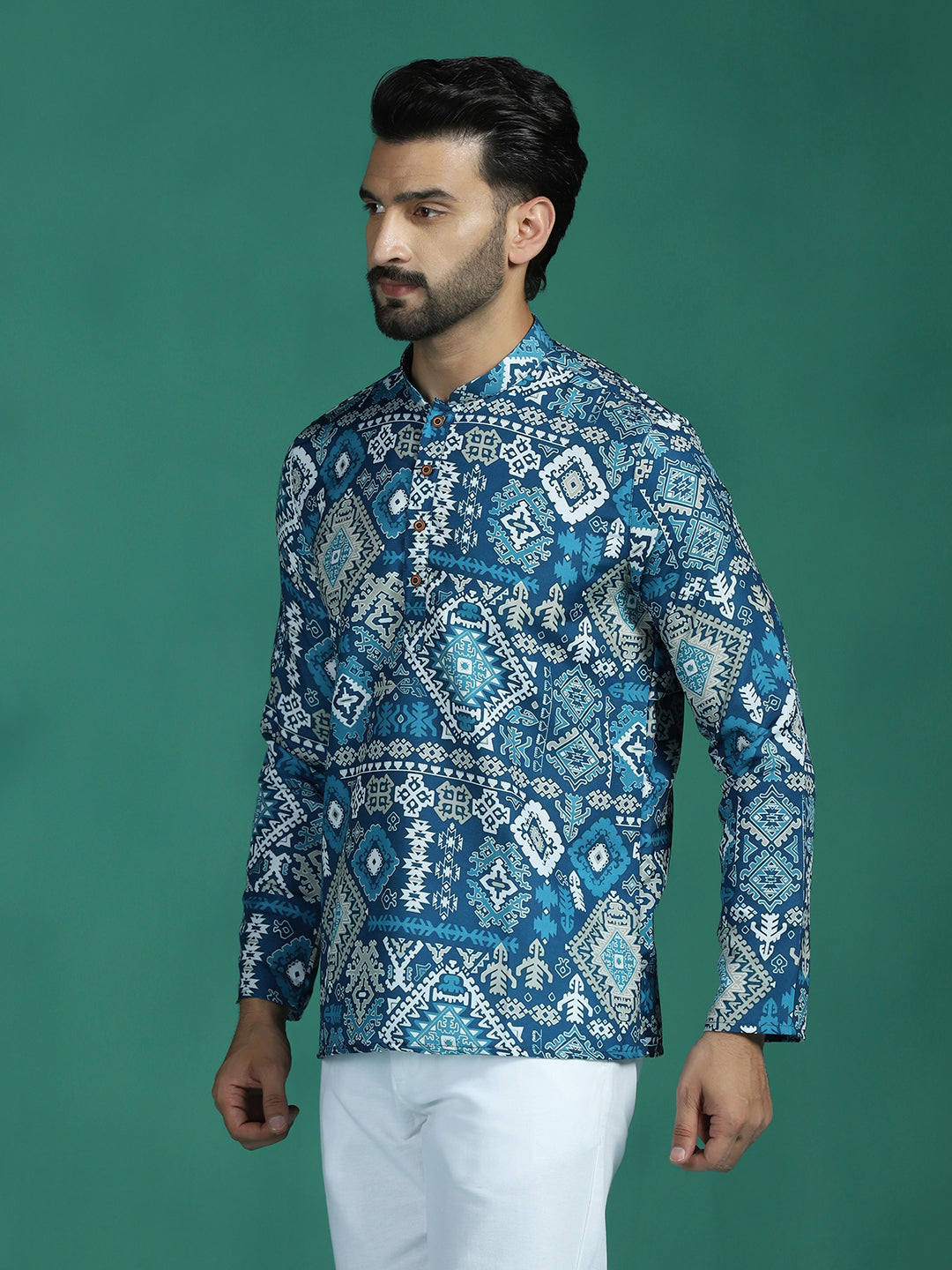 Zavaya Blue Abstract Rayon Short Kurta for Men | Grocsy
