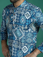 Zavaya Blue Abstract Rayon Short Kurta for Men | Grocsy