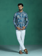 Zavaya Blue Abstract Rayon Short Kurta for Men | Grocsy