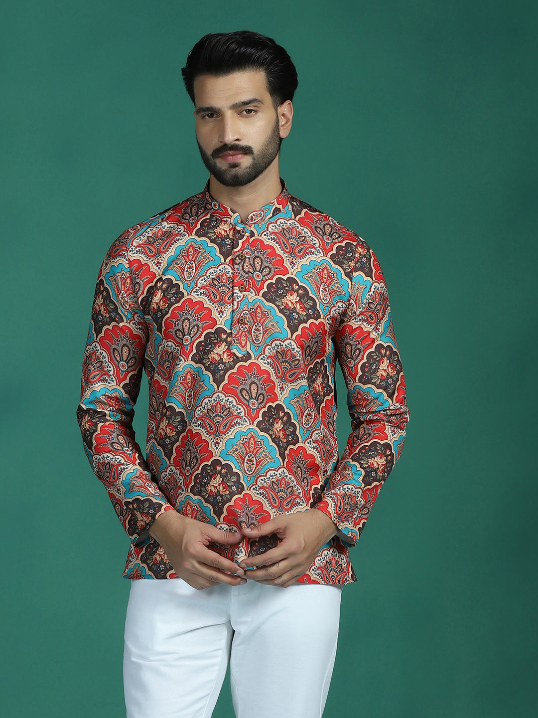 Zavaya Multi Abstract Rayon Short Kurta for Men | Grocsy