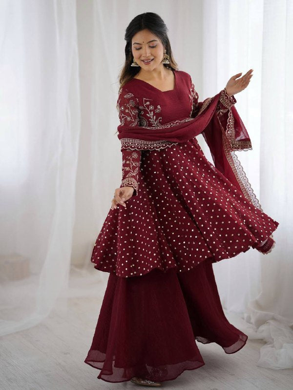 Prazu Fashion Maroon Crunchy Silk Embroidered Designer Sharara Suit | Grocsy