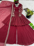 Prazu Fashion Maroon Crunchy Silk Embroidered Designer Sharara Suit | Grocsy