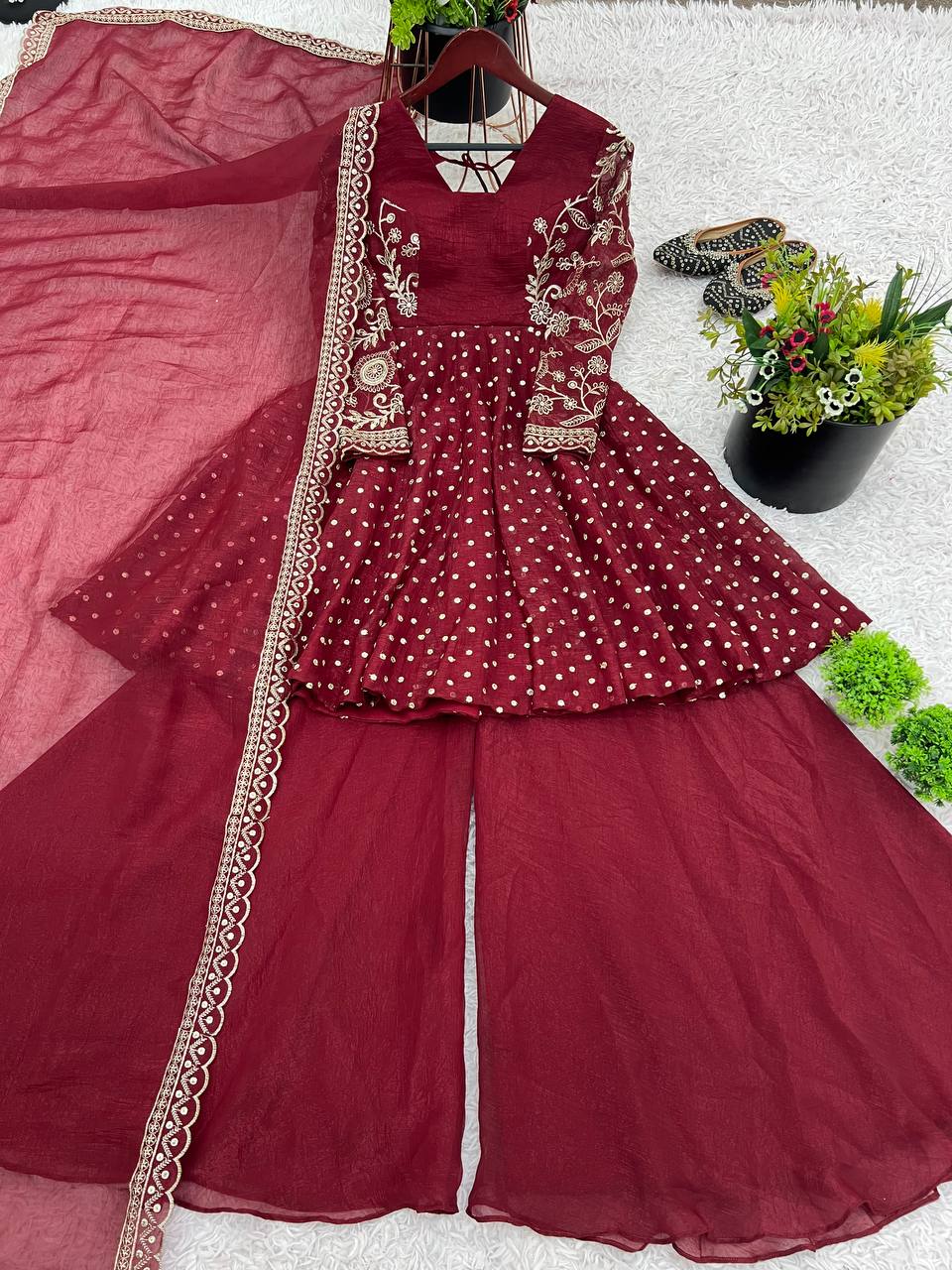 Prazu Fashion Maroon Crunchy Silk Embroidered Designer Sharara Suit | Grocsy