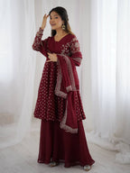 Prazu Fashion Maroon Crunchy Silk Embroidered Designer Sharara Suit | Grocsy