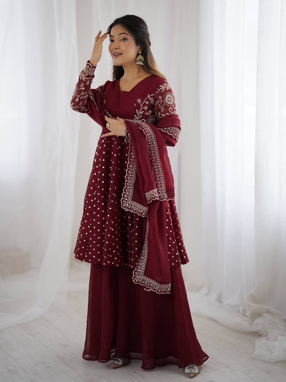 Prazu Fashion Maroon Crunchy Silk Embroidered Designer Sharara Suit | Grocsy