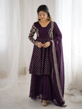 Prazu Fashion Purple Crunchy Silk Embroidered Designer Sharara Suit | Grocsy