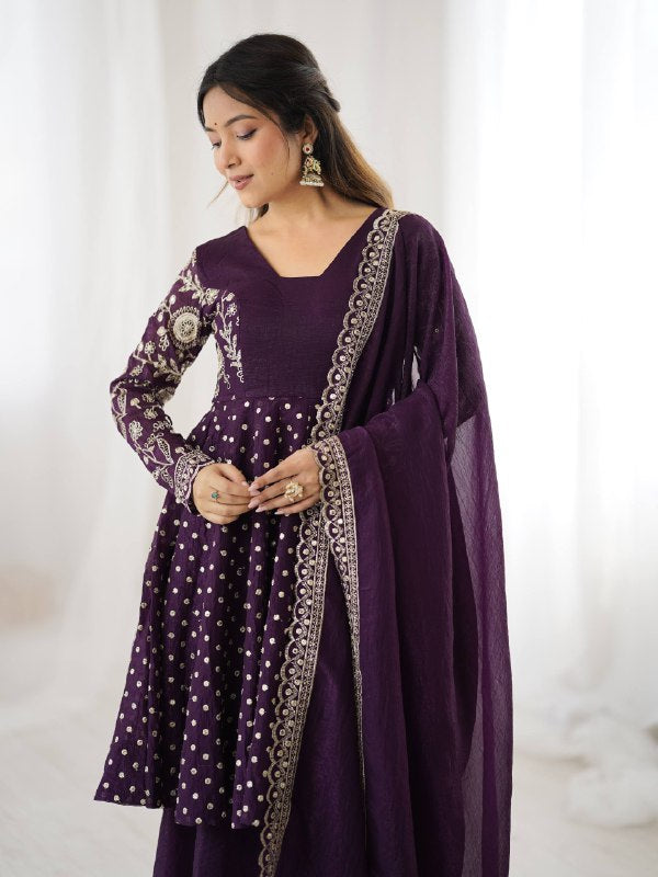 Prazu Fashion Purple Crunchy Silk Embroidered Designer Sharara Suit | Grocsy
